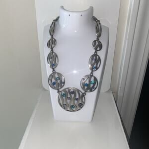 CHICO'S Icy Blue & Clear Rhinestone Round Pendant Silvertone Necklace 14”